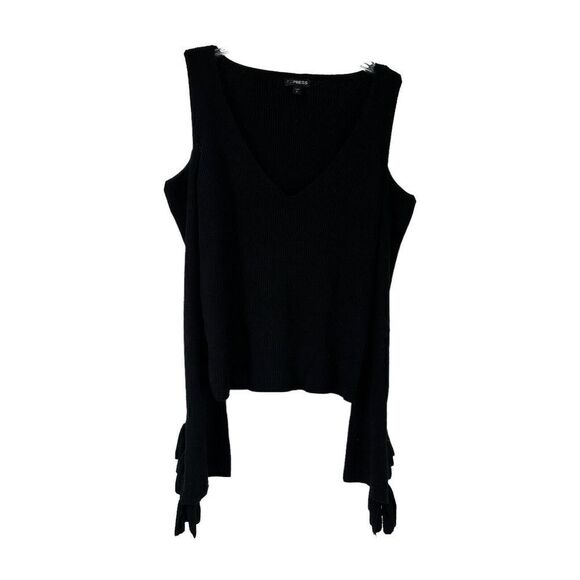 Express Sweaters - Express Sweater Cold Shoulder Black Ruffle Sleeves Ribbed V Neck Womens Size L